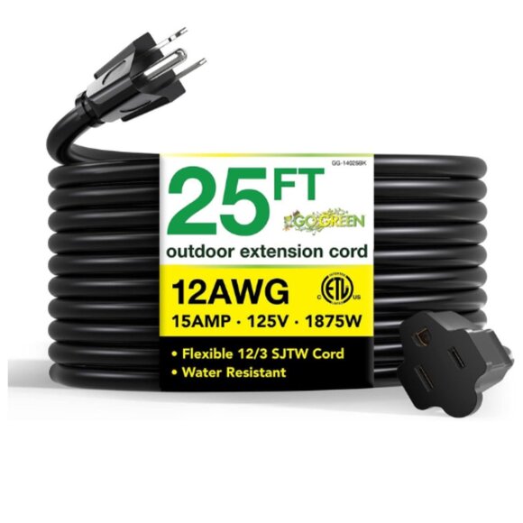 Go Green Power Inc. GG-13825BK-14/3 SJTW Outdoor Extension Cord, Black, 25 ft - Picture 1 of 4